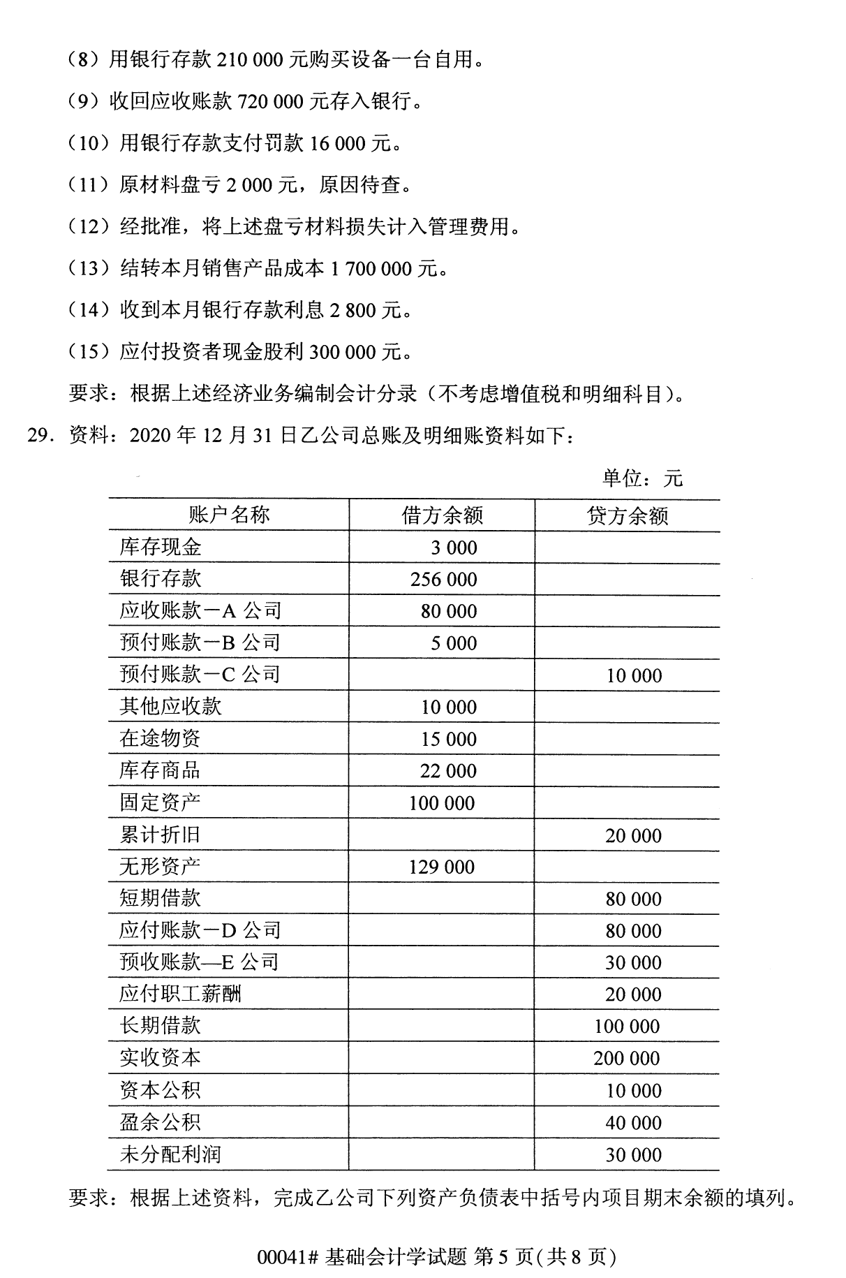 全國統考課程云南自考基礎會計學試卷